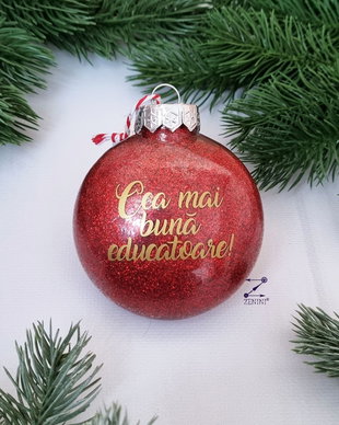 Glob personalizat: Cea mai buna educatoare, glob sclipici rosu, glob cu text, cadou craciun educatoare