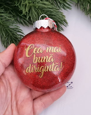 Glob personalizat: Cea mai buna diriginta, glob sclipici rosu, glob cu text, cadou craciun diriginta