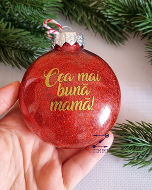 Glob personalizat: Cea mai buna mama, glob sclipici rosu, glob cu text, cadou craciun mama