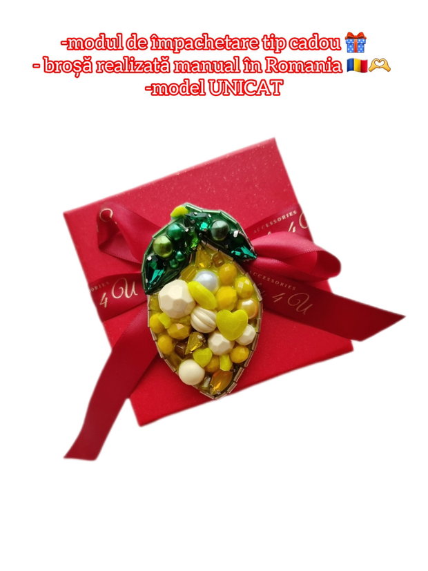 Brosa lămâie, Idei cadou unicat, bijuterii lămâi Brosa cu perle, Accesorii handmade realizate manual in Romania, Când viața îți dă lămâi fă limonadă