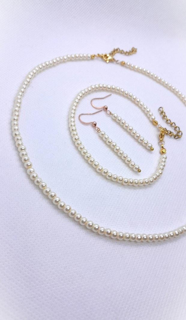 Set elegant colier, brățară și cercei din perle de sticlă - ivory