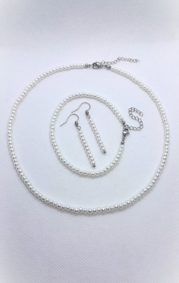 Set elegant colier, brățară și cercei din perle de sticlă - alb