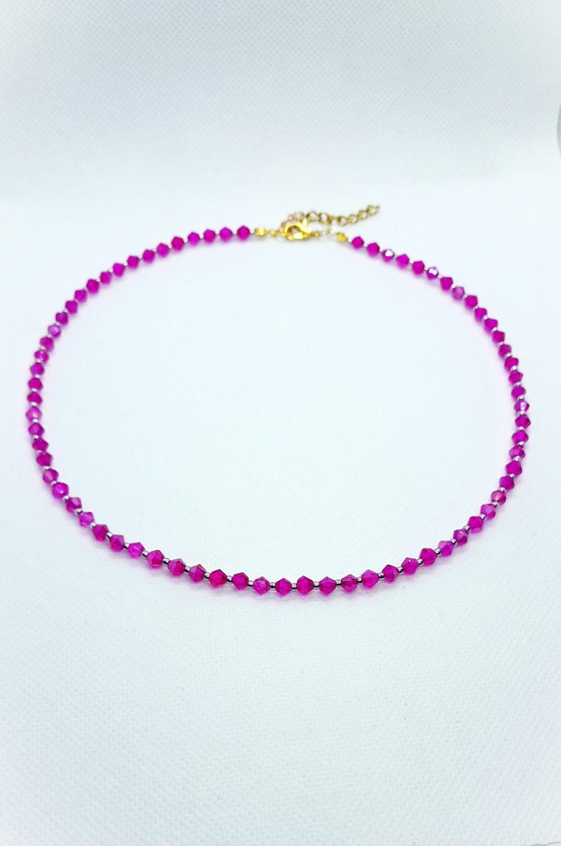 Set elegant colier, brățară și cercei din cristale de sticla - fucsia