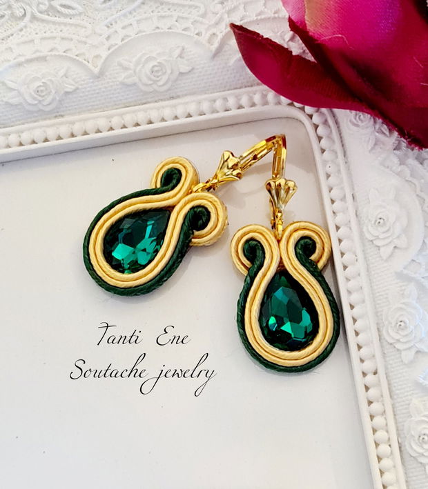 Cercei emerald, Cercei soutache,  Cercei cu cristale