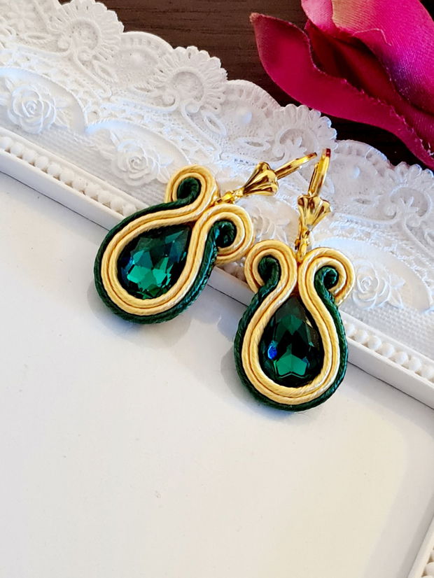 Cercei emerald, Cercei soutache,  Cercei cu cristale