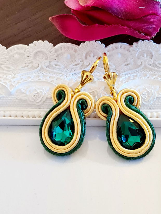 Cercei emerald, Cercei soutache,  Cercei cu cristale