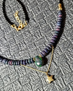 Colier vermeil opal de foc etiopian negru purple eggplant turmalina neagra brioleta charm stea lant vermeil argint placat cu aur minimalist boho chic trendy - Transport gratuit