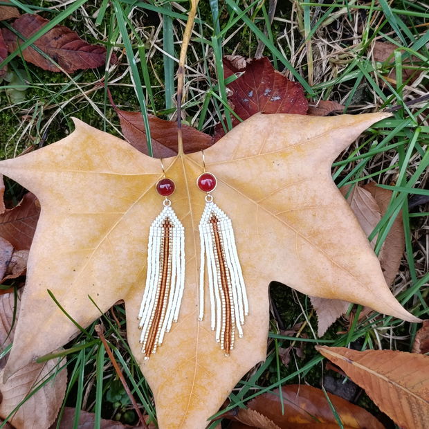 Cercei din margele de sticla, piatra Carnelian, argint placat cu aur