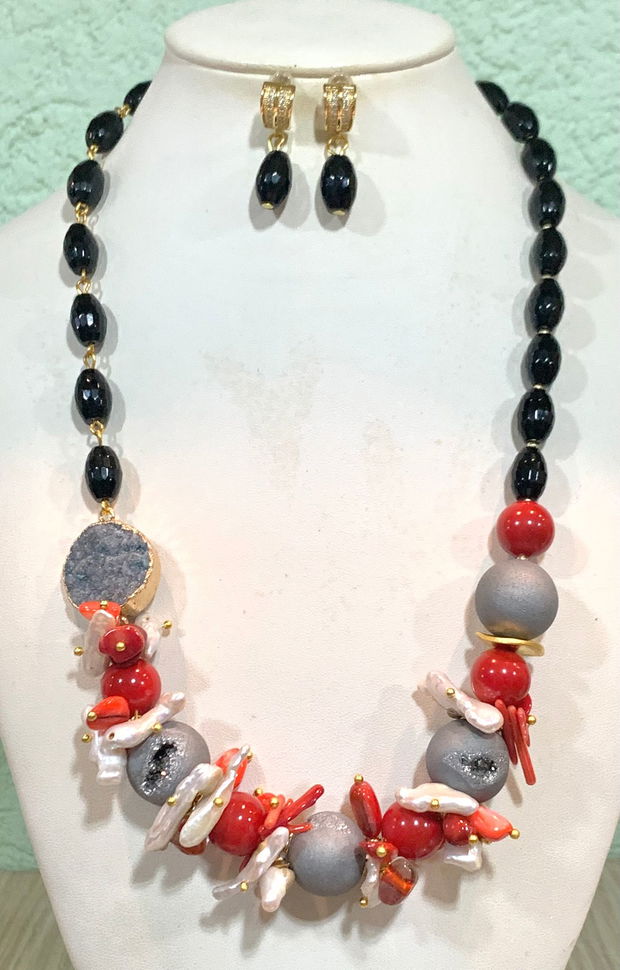 SET ~IT S CHRISTMAS TIME~onix,coral,sidef,perle,agate druzy,inox,zamac,accesorii aurii