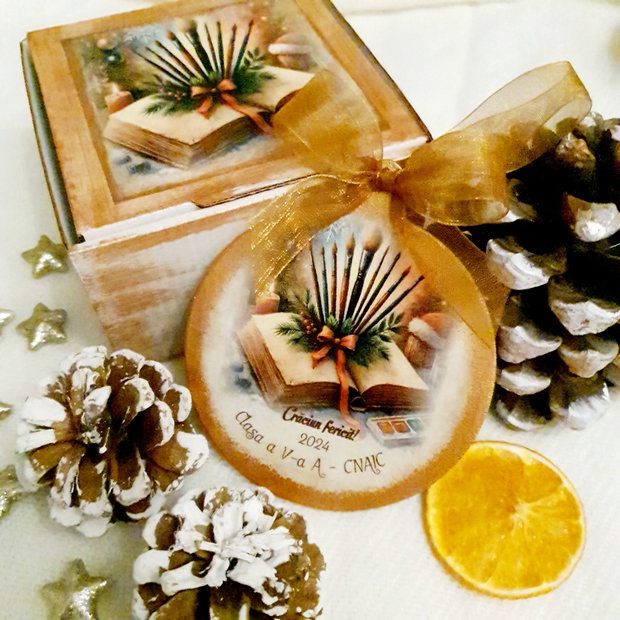 Decoratiune personalizata pentru Craciun, in forma de glob, materii scolare, cadou profesori Craciun