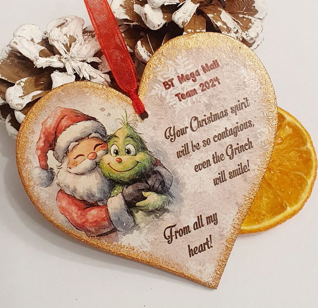 Decoratiune personalizata pentru Craciun, in forma de inima, mesaj funny, engleza, cadou prieteni, colegi, secret santa
