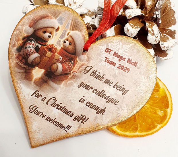 Decoratiune personalizata pentru Craciun, in forma de inima, mesaj funny, engleza, cadou prieteni, colegi, secret santa