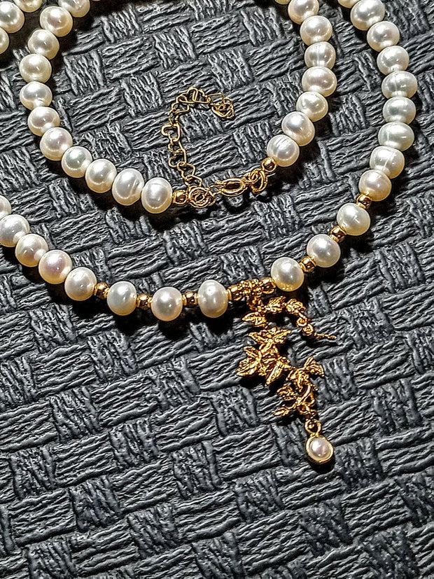 Colier vermeil perle naturale de cultura charm ramura frunze vermeil charm perla naturala vermeil argint placat cu aur victorian trendy - Transport gratuit