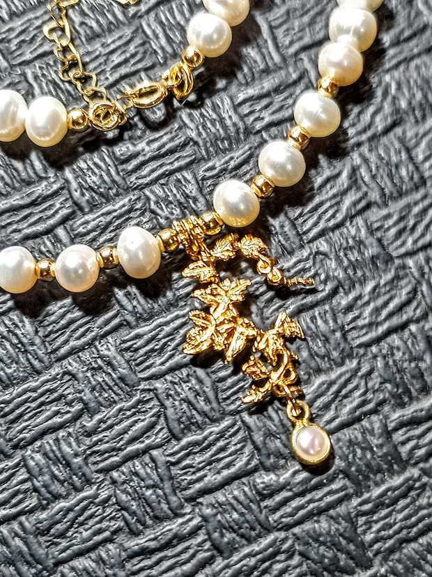 Colier vermeil perle naturale de cultura charm ramura frunze vermeil charm perla naturala vermeil argint placat cu aur victorian trendy - Transport gratuit