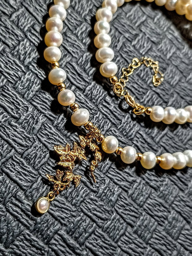 Colier vermeil perle naturale de cultura charm ramura frunze vermeil charm perla naturala vermeil argint placat cu aur victorian trendy - Transport gratuit