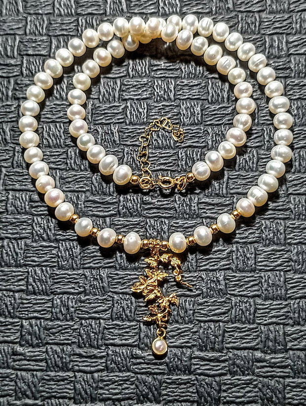 Colier vermeil perle naturale de cultura charm ramura frunze vermeil charm perla naturala vermeil argint placat cu aur victorian trendy - Transport gratuit