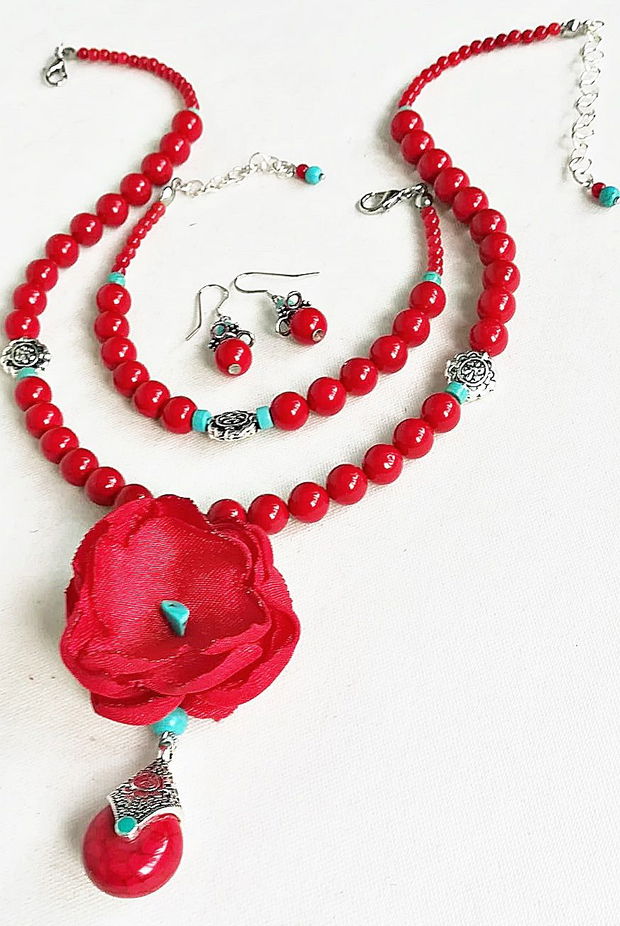 set floral coral rosu si argint