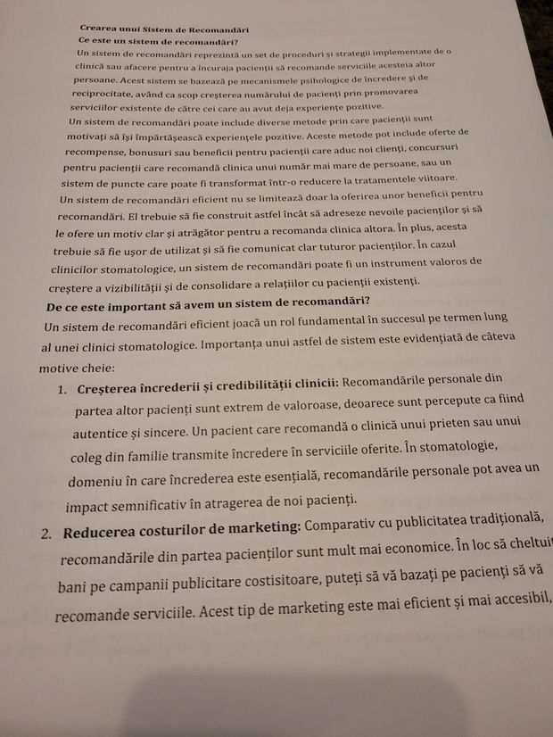 CAIET DE LUCRU - Fidelizarea Pacienților în Clinica Stomatologică: Strategii pentru Succesul Pe Termen Lung