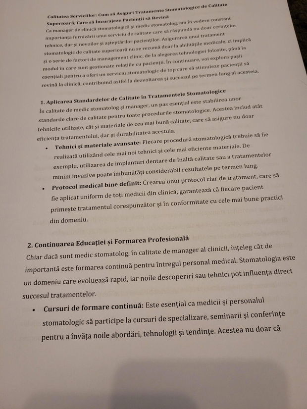 CAIET DE LUCRU - Fidelizarea Pacienților în Clinica Stomatologică: Strategii pentru Succesul Pe Termen Lung