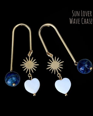Cercei lungi aurii cu Lapis Lazuli & inimi sidef