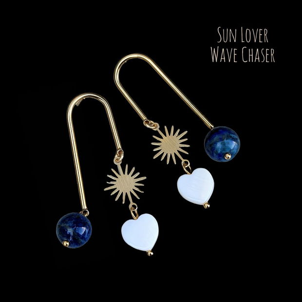 Cercei lungi aurii cu Lapis Lazuli & inimi sidef