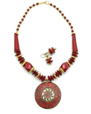 Set colier si cercei rosu- auriu, model tibetan, 4329