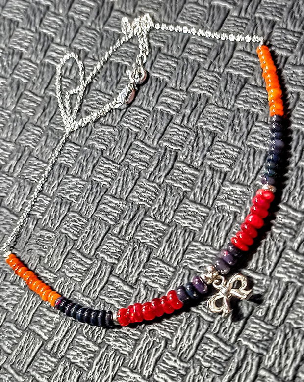 Colier argint opal etiopian negru rosu oranj charm fundita lant argint minimalist boho chic multicolor trendy - Transport gratuit