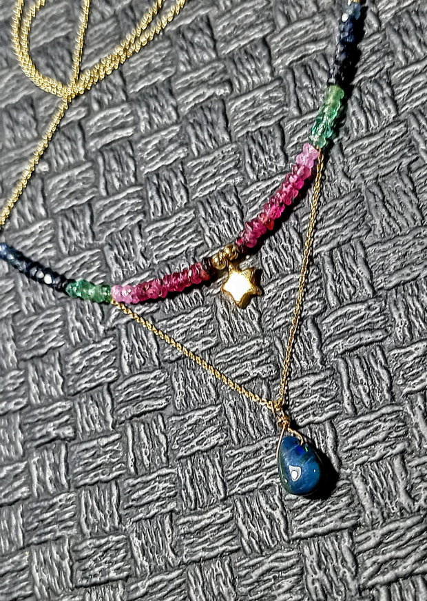 Colier vermeil opal de foc etiopian negru rubin safir smarald ombre gradient stea lant argint aurit minimalist boho chic trendy - Transport gratuit