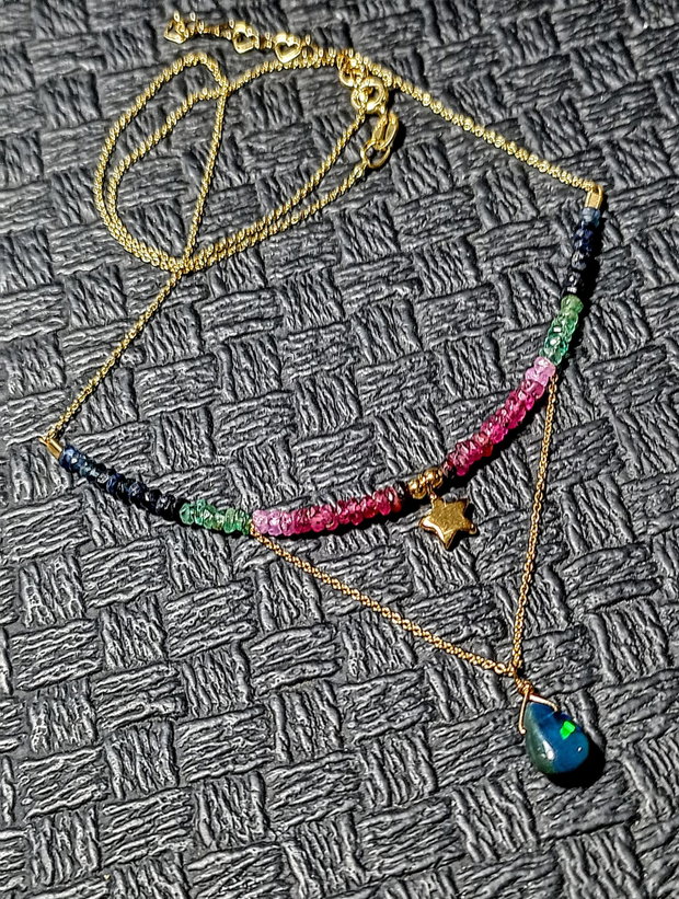 Colier vermeil opal de foc etiopian negru rubin safir smarald ombre gradient stea lant argint aurit minimalist boho chic trendy - Transport gratuit