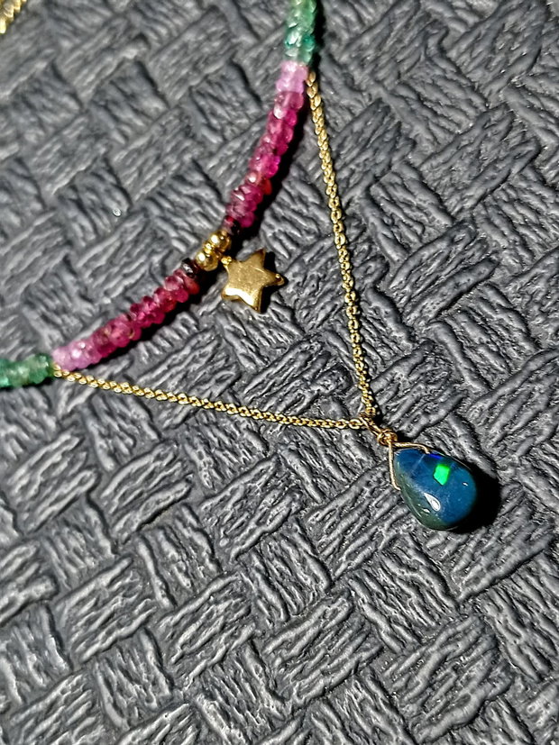 Colier vermeil opal de foc etiopian negru rubin safir smarald ombre gradient stea lant argint aurit minimalist boho chic trendy - Transport gratuit