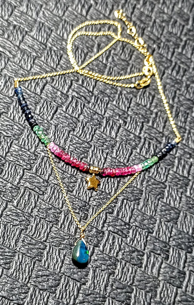 Colier vermeil opal de foc etiopian negru rubin safir smarald ombre gradient stea lant argint aurit minimalist boho chic trendy - Transport gratuit