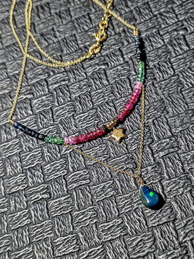 Colier vermeil opal de foc etiopian negru rubin safir smarald ombre gradient stea lant argint aurit minimalist boho chic trendy - Transport gratuit
