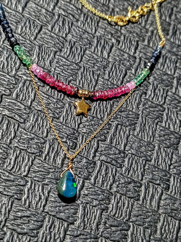 Colier vermeil opal de foc etiopian negru rubin safir smarald ombre gradient stea lant argint aurit minimalist boho chic trendy - Transport gratuit