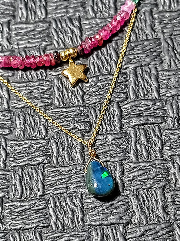Colier vermeil opal de foc etiopian negru rubin safir smarald ombre gradient stea lant argint aurit minimalist boho chic trendy - Transport gratuit