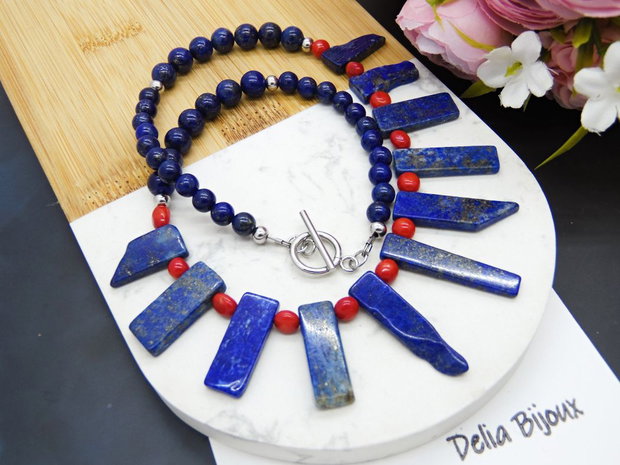Colier handmade statement unicat - coral si lapis lazuli (cod1129)