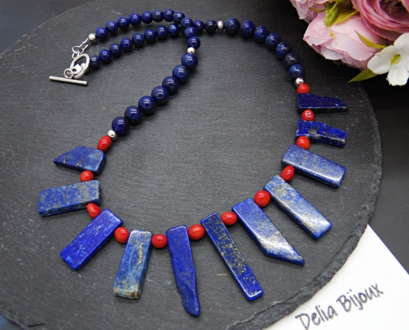 Colier handmade statement unicat - coral si lapis lazuli (cod1129)