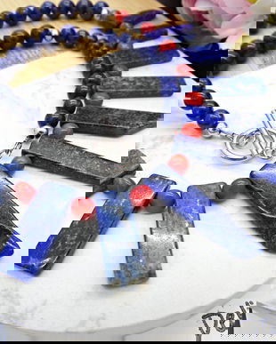 Colier handmade statement unicat - coral si lapis lazuli (cod1129)