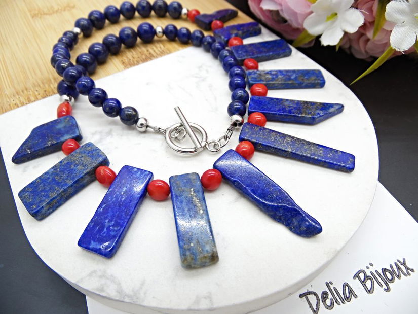 Colier handmade statement unicat - coral si lapis lazuli (cod1129)