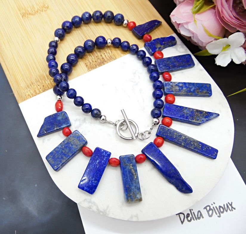 Colier handmade statement unicat - coral si lapis lazuli (cod1129)