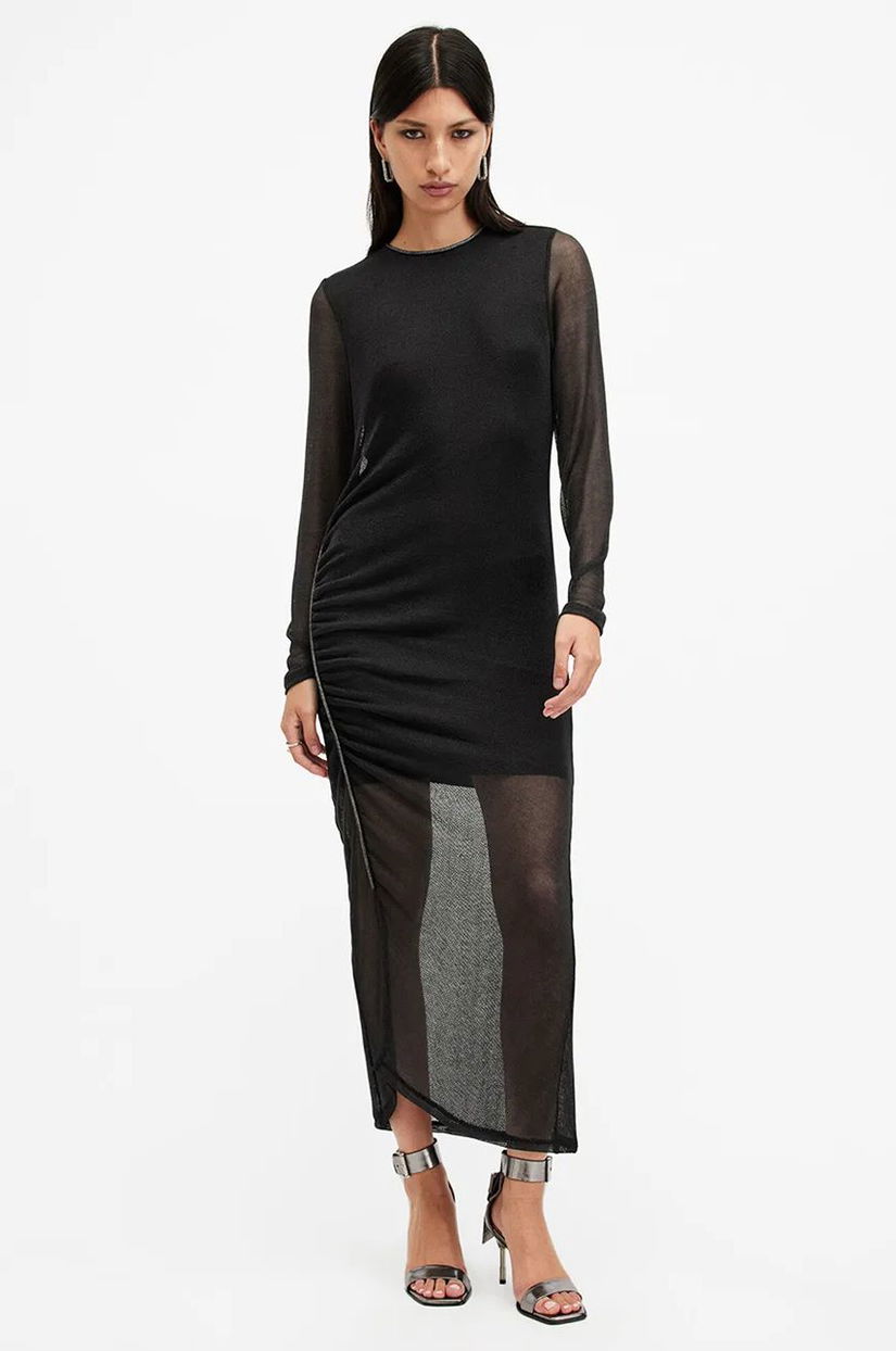 AllSaints rochie NORA culoarea negru, midi, mulată, W248DB