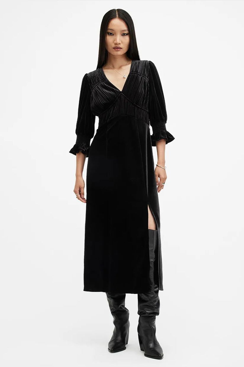 AllSaints rochie ANI VELVET culoarea negru, midi, drept, W143DB