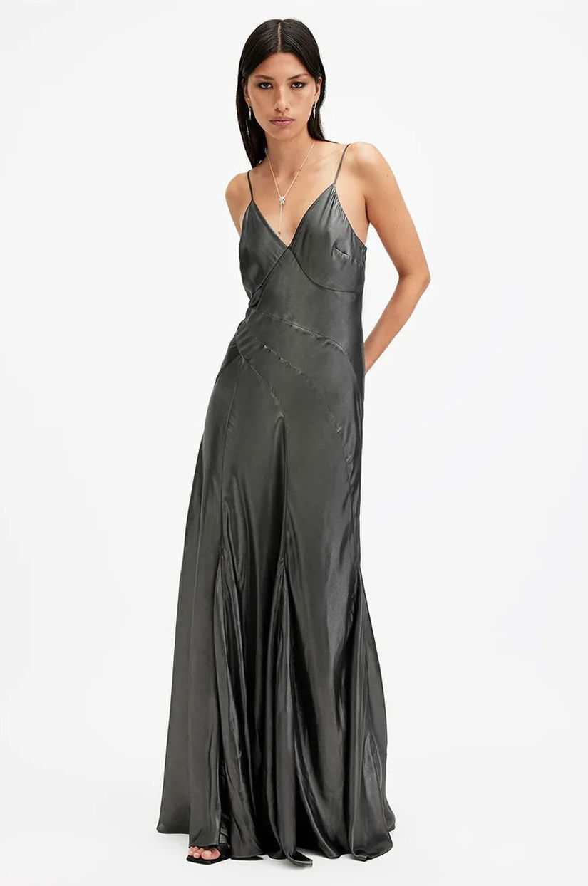 AllSaints rochie LILI culoarea gri, maxi, evazați, W291DB