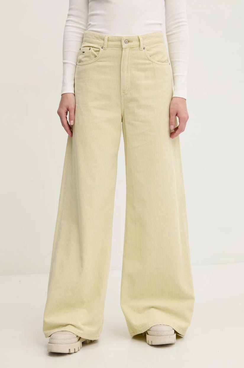 Tommy Jeans pantaloni de catifea cord culoarea galben, lat, high waist, DW0DW20557