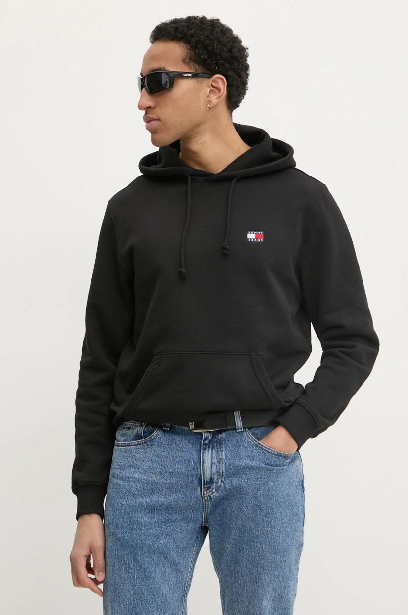 Tommy Jeans hanorac de bumbac bărbați, culoarea negru, cu glugă, uni, DM0DM20258