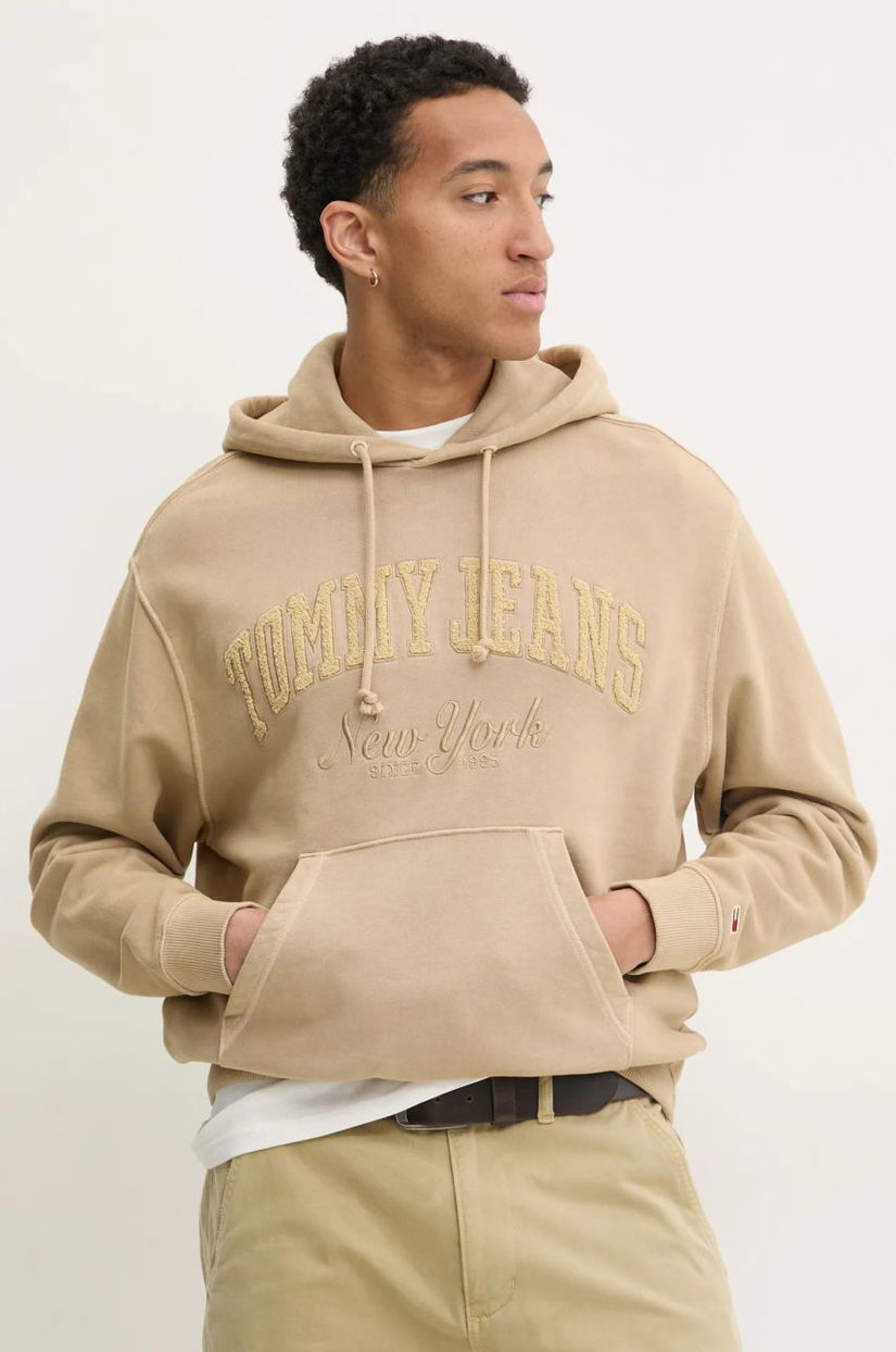 Tommy Jeans hanorac de bumbac bărbați, culoarea bej, cu glugă, cu imprimeu, DM0DM20263