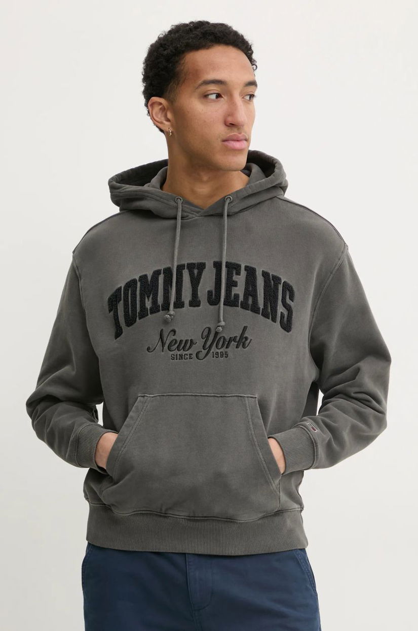 Tommy Jeans hanorac de bumbac bărbați, culoarea gri, cu glugă, cu imprimeu, DM0DM20263