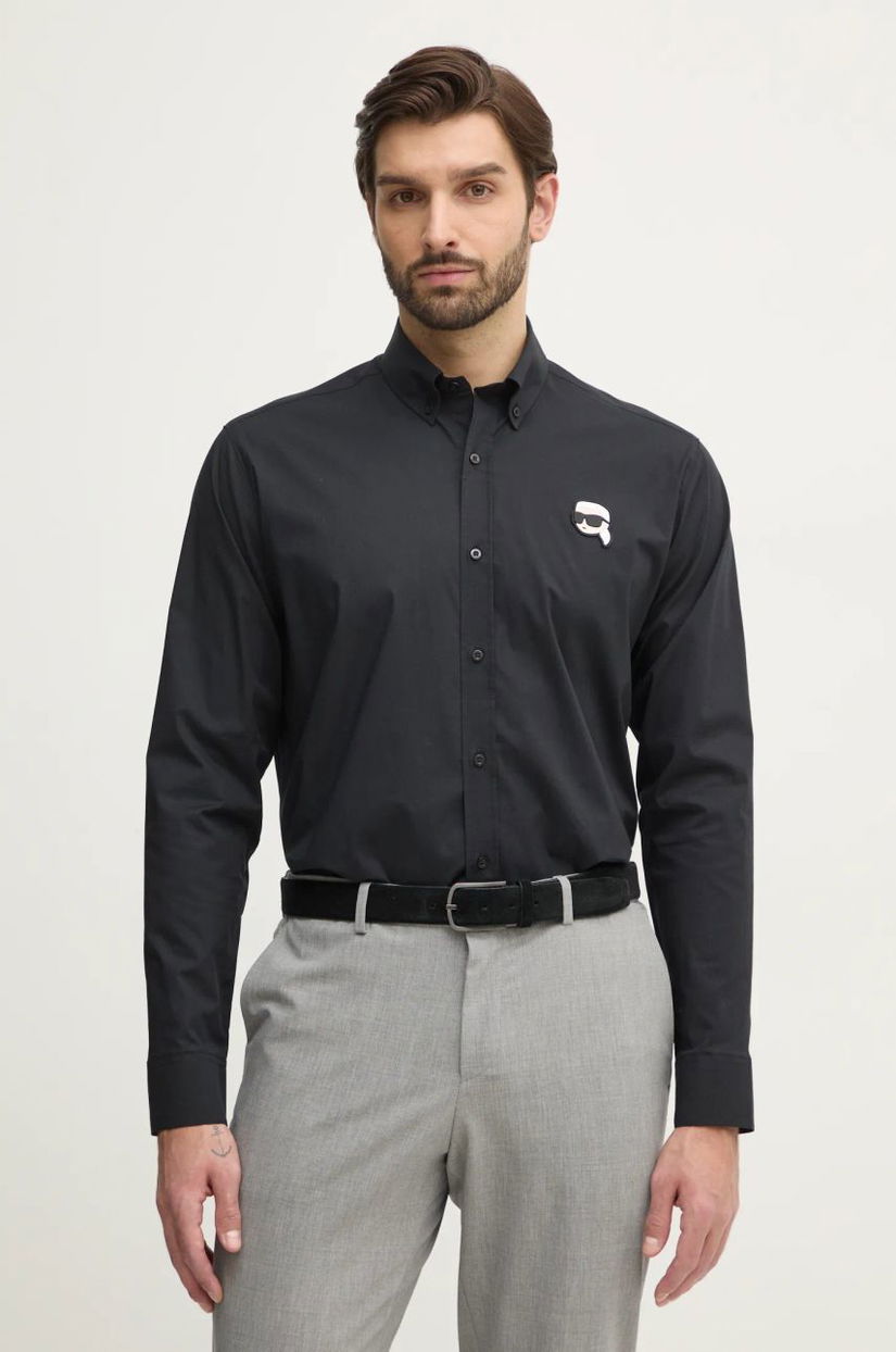 Karl Lagerfeld camasa barbati, culoarea negru, cu guler button-down, regular