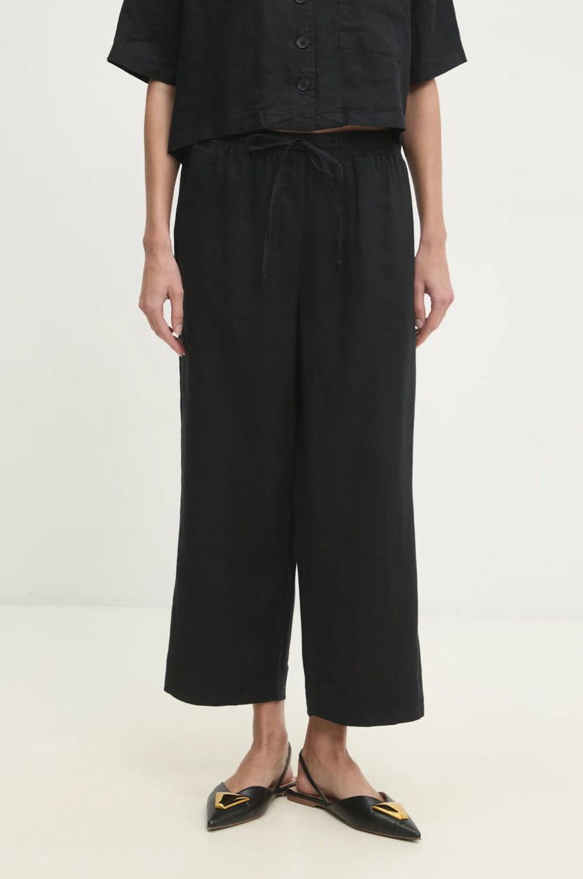 Dkny pantaloni din in femei, culoarea negru, lat, high waist