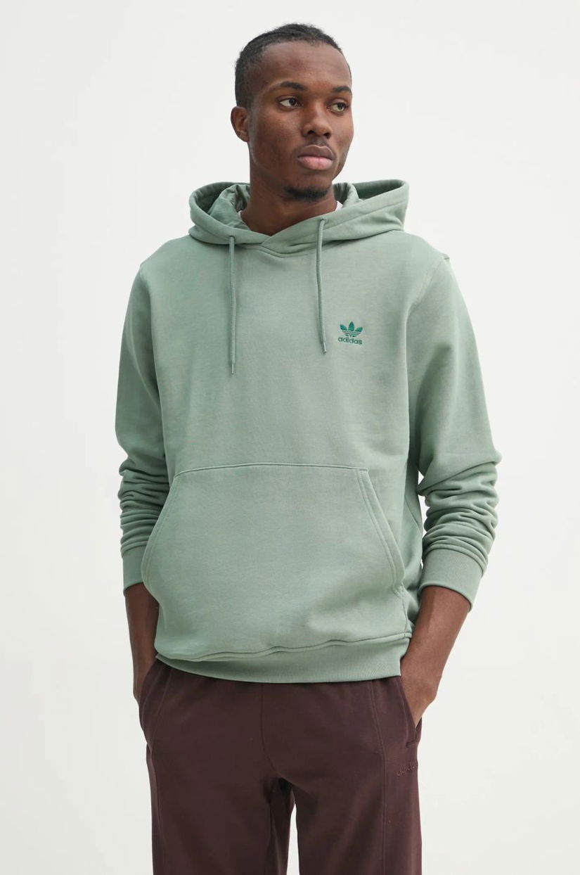 adidas Originals hanorac de bumbac Essential barbati, culoarea verde, cu glugă, neted, JD2410