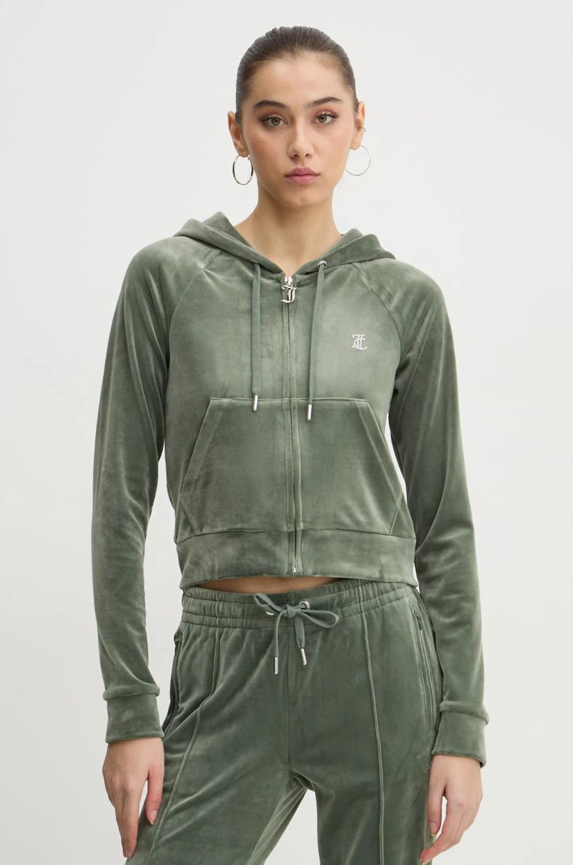 Juicy Couture bluza femei, culoarea verde, cu glugă, cu imprimeu, JCWA122001